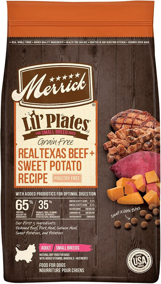 Merrick Lil’ Plates Premium Grain Free Dry Dog Food For Small Dogs, Real Texas Beef And Sweet Potato Kibble - 4.0 lb. Bag