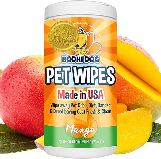 Bodhi Dog Pet Wipes | Wipes for Dog Grooming | Wipe Away Pet Odors & Deodorizes Coat | No Parabens or SLS | Large Wet & Thick Pet Wipes | Best for Cleaning Dogs and Cats (Mango, 75CT)