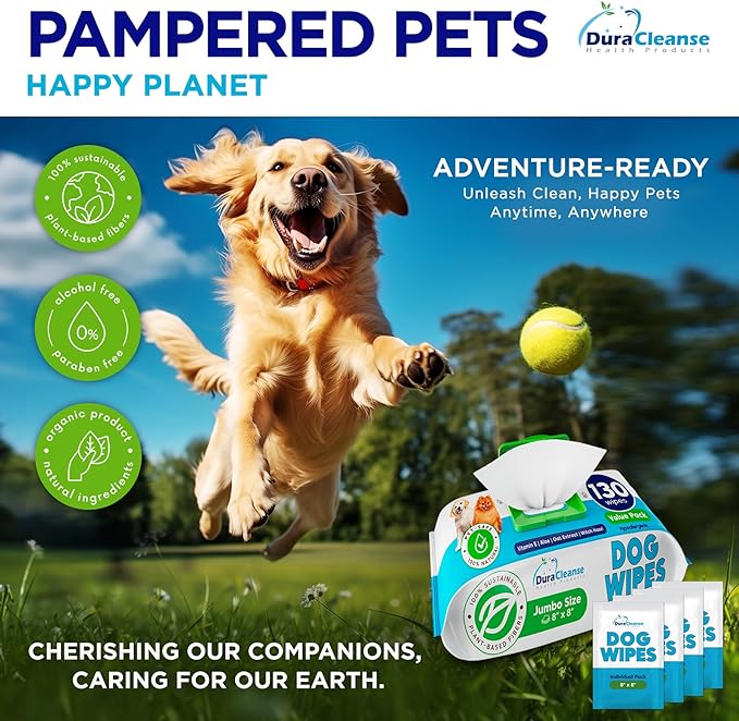 Dog Wipes for Paws and Butt - 130 Count + 4 Travel Puppy Wipes - 8" x 8" Large Dog Grooming Bath Wipes | Hypoallergenic Dog Face Wipes, Extra Thick Cleaning Deodorizing Pet Wipes for Dogs, Cats, Pets