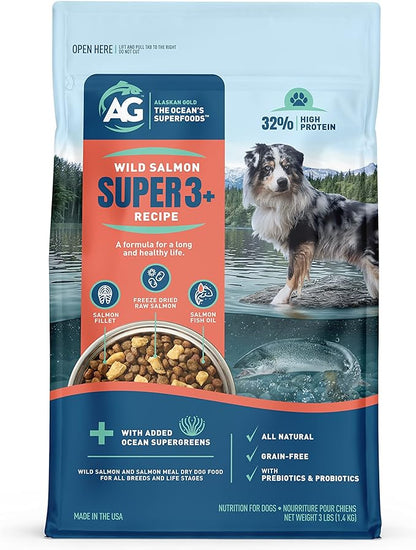 Wild Salmon SUPER3+ Dry Dog Food | High-Protein Blend with Freeze-Dried Raw Salmon & Salmon Oil | Grain-Free, All-Natural | Puppy & Adult | Allergy & Digestive Support | 3-lbs