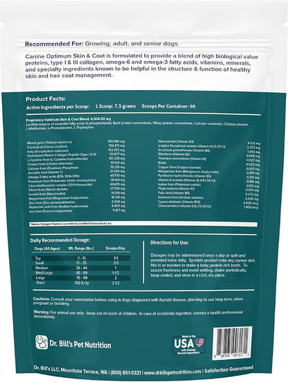 Dr. Bill’s Canine Optimum Skin & Coat (680g) – Fish Oil Omega-3 Fatty Acids Dog Supplement with Biotin, Type I & III Marine Collagen, Hyaluronic Acid & Folic Acid