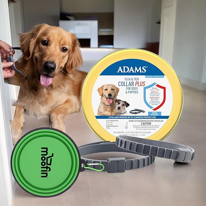 Flea & Tick Collar Plus for Dogs, 1.94 Oz, 12-Month Protection, Adjustable Fit, Flea & Tick Collar for Dogs Bundle with Moofin Silicon Pet Bowl, Kills & Repels Pests, One Size Fits All [2-Pack]