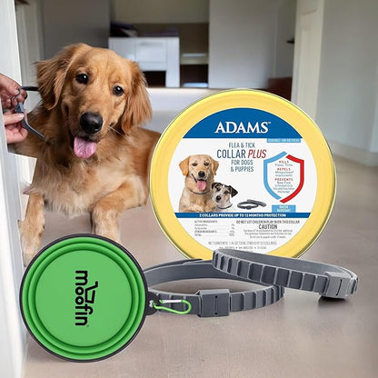 Flea & Tick Collar Plus for Dogs, 1.94 Oz, 12-Month Protection, Adjustable Fit, Flea & Tick Collar for Dogs Bundle with Moofin Silicon Pet Bowl, Kills & Repels Pests, One Size Fits All [2-Pack]