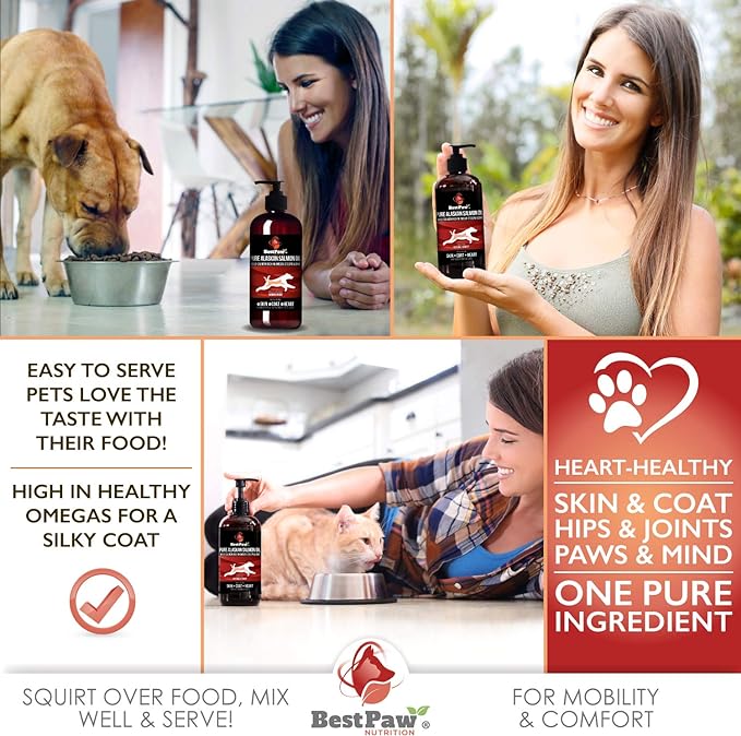 Pure Wild Alaskan Salmon Oil for Dogs & Cats Skin and Coat - Fish Oil Liquid with Pump - Supports Joint Function, Immune & Heart Health - Omega 3 Liquid Food Supplement - All Natural EPA + DHA - 16oz