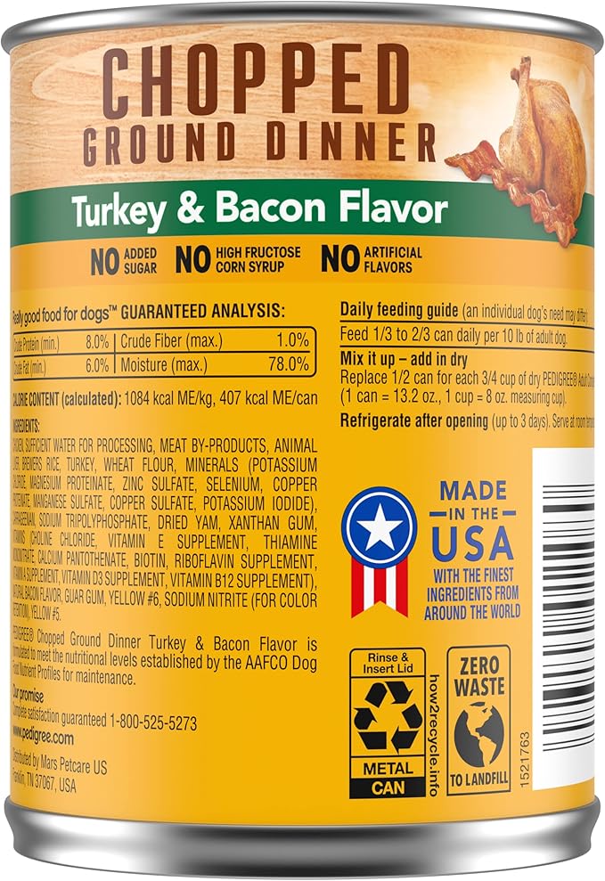 PEDIGREE CHOPPED GROUND DINNER Adult Canned Soft Wet Dog Food, Turkey & Bacon Flavor, 13.2 oz. Cans (Pack of 12)