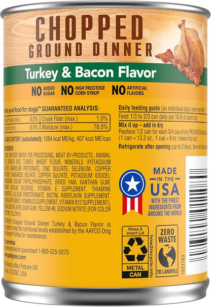PEDIGREE CHOPPED GROUND DINNER Adult Canned Soft Wet Dog Food, Turkey & Bacon Flavor, 13.2 oz. Cans (Pack of 12)