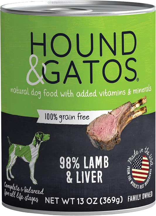 Hound & Gatos Wet Dog Food, 98% Lamb & Liver, case of 12, 13 oz cans