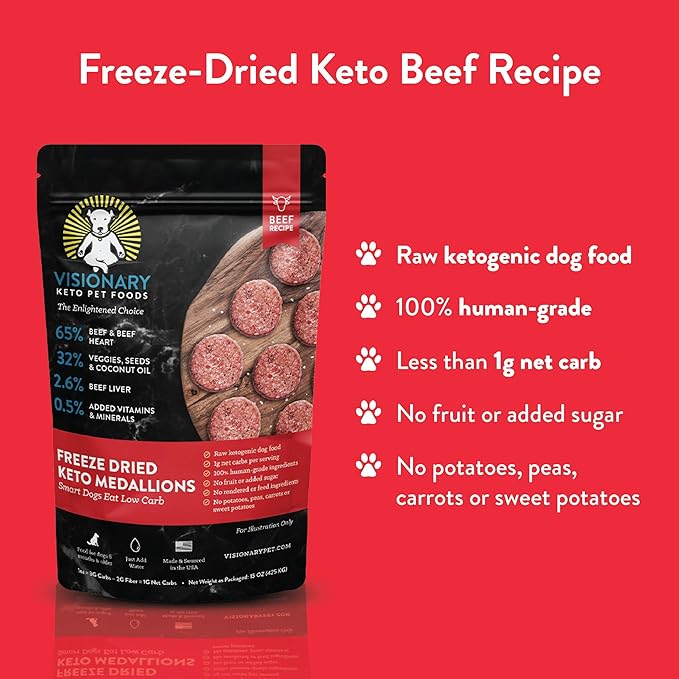 Visionary Pet Foods Beef Freeze Dried Dog Food | High Protein, Low Carb and Grain Free, Made with Human Grade Ingredients for Optimal Nutrition and Digestion - Natural Beef Recipe, 25oz Bag