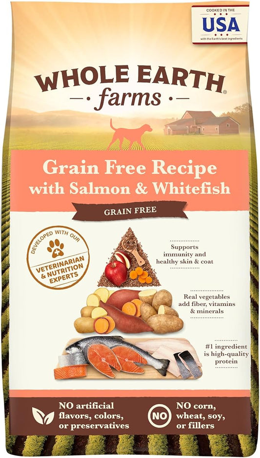 Whole Earth Farms Natural Grain Free Dry Kibble, Wholesome And Healthy Dog Food, Salmon And Whitefish Recipe - 25 LB Bag