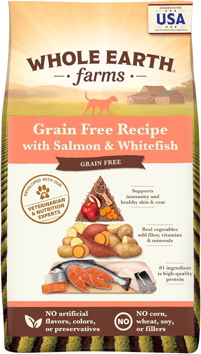 Whole Earth Farms Natural Grain Free Dry Kibble, Wholesome And Healthy Dog Food, Salmon And Whitefish Recipe - 25 LB Bag