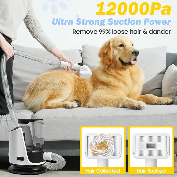 Dog Grooming Vacuum & Pet Hair Dryer & Dog Electric Clippers Suction 99% Pet Hair, Large Capacity Dog Vacuum with 9 Grooming Tools, Quiet, Adjustable Airflow and Temperature, UL