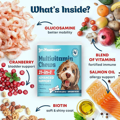 Multivitamin Chews 21-in-1 Dog Vitamins and Supplements for Senior Dogs and Puppies - Multivitamin for Dogs for Skin, Coat, Heart, Immune Support - Dog Multivitamins Chewable for Joint Support -120pcs