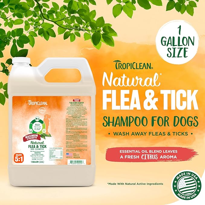 TropiClean Maximum Strength Natural Flea and Tick Dog Shampoo | Natural Flea and Tick Prevention for Dogs | Made in the USA | 1 gallon