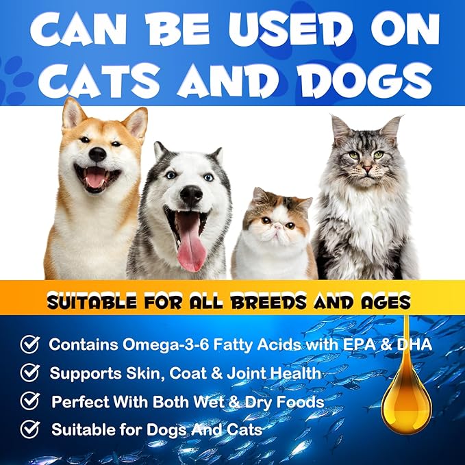 Omega 3 Fish Oil for Dogs and Cats - Salmon Oil for Dogs - Supports Healthy Coat and Skin, Heart, Immune System, Joints and Hip， 250ml Pure DHA and EPA