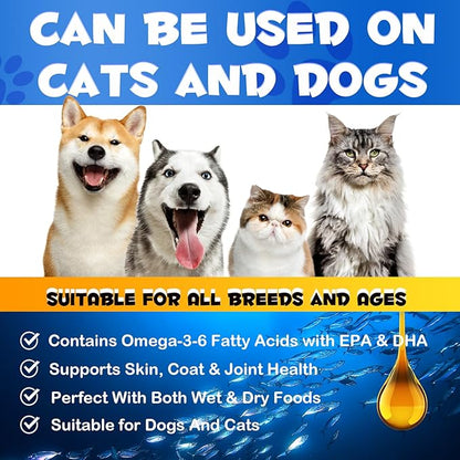 Omega 3 Fish Oil for Dogs and Cats - Salmon Oil for Dogs - Supports Healthy Coat and Skin, Heart, Immune System, Joints and Hip， 250ml Pure DHA and EPA