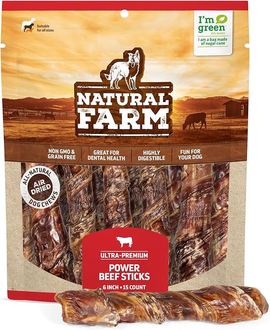 Natural Farm Power Beef Sticks Dog Chews (6”, 15-Pack), 2-in-1 Power Chews: Premium Beef Cheek Wrapped in Beef Esophagus for Double Chewing Time, Promotes Dental Health, Great for Medium Dogs