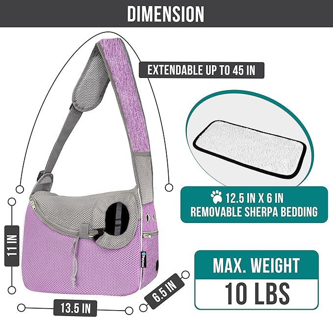 PetAmi Small Dog Sling Carrier, Soft-Sided Crossbody Puppy Carrying Purse Bag, Adjustable Sling Pet Pouch to Wear Medium Dog Cat Travel, Dog Bag for Traveling, Breathable, Poop Bag Dispenser, Purple