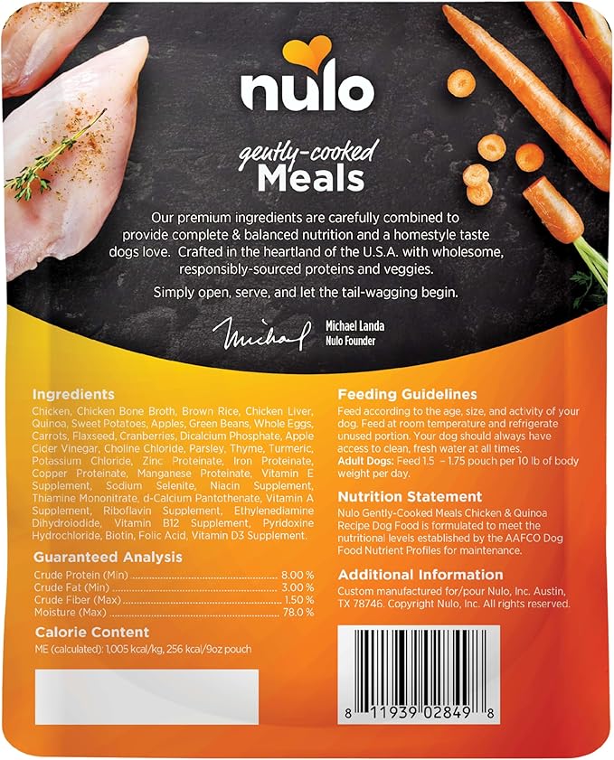 Nulo Gently-Cooked Meals Complete and Balanced Adult Wet Dog Food, Chicken & Quinoa, 9 Ounce, 8 Count
