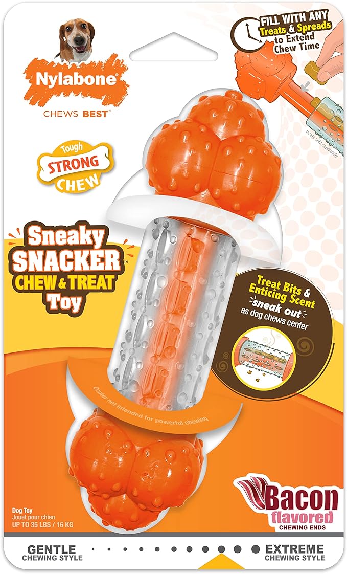 Nylabone Strong Chew Sneaky Snacker Treat Toy for Dogs, Interactive Dog Enrichment Chew Toys, Bacon Flavor, Medium/Wolf - Up to 35 lbs. (1 Count)