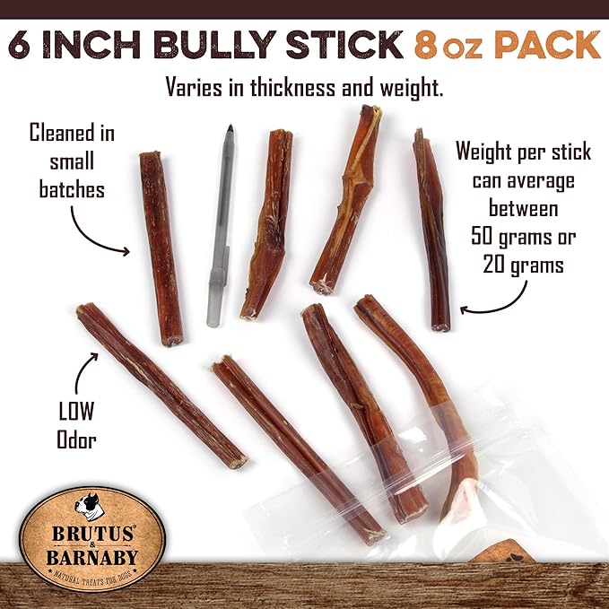 BRUTUS & BARNABY Grass Fed Bully Sticks for Dogs, Fully Digestible Dog chew, Grain Free, Rawhide Free, 100% Natural Beef, Small Batched for Freshness and Low Odor