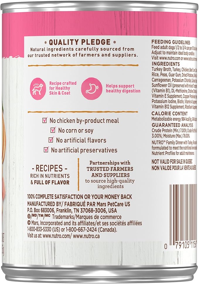 NUTRO PREMIUM LOAF Adult Natural Grain Free Wet Dog Food Healthy Turkey, Sweet Potato & Green Bean Recipe, 12.5 oz. Cans (Pack of 12)