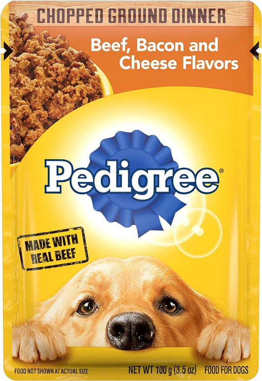 PEDIGREE CHOPPED GROUND DINNER Adult Soft Wet Dog Food, Beef, Bacon & Cheese Flavors, 3.5 oz Pouches, 16 Pack
