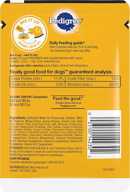 Pedigree High Protein Wet Dog Food Pouches, Beef and Pork Tenderloin Flavor Cuts in Gravy, 3.5 oz. Pouches, 16 Count