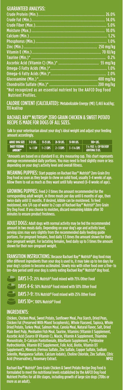 Rachael Ray Nutrish Zero Grain Dry Dog Food, Chicken & Sweet Potato Recipe, 26 Pound Bag