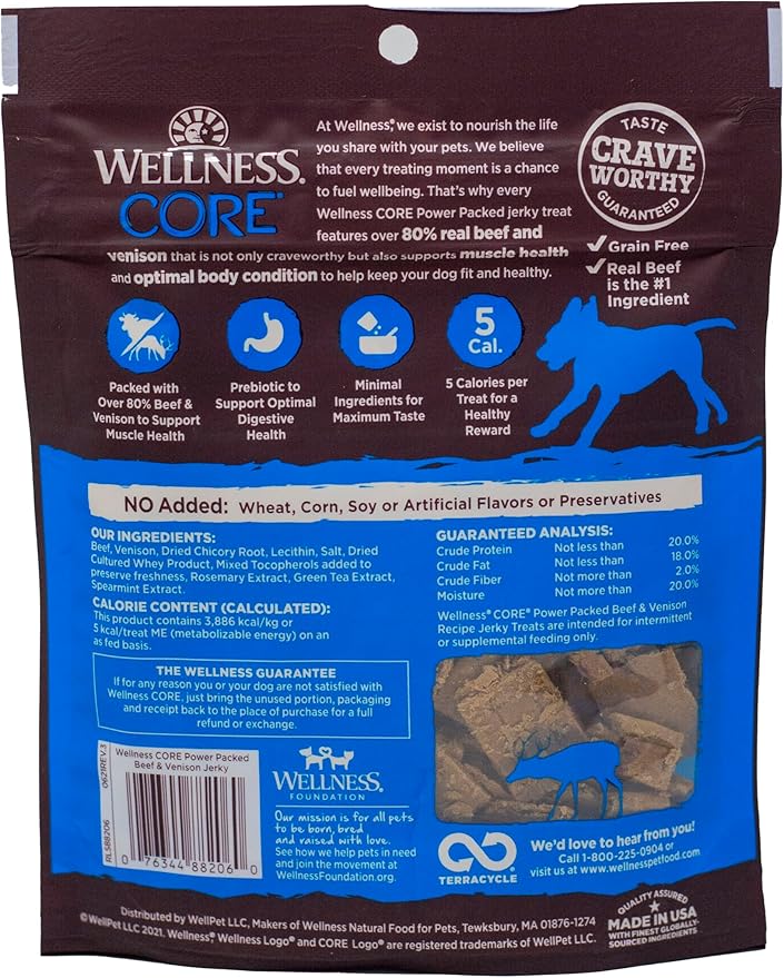 Wellness CORE Grain Free Dog Treats - 2 Flavor Variety Bundle: (1) Each: Healthy Joints Beef Chewy Baked, Power Packed Beef Venison Chewy Jerky (4-8 Ounces)