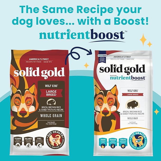 Solid Gold Nutrientboost Wolf King Large Breed Dog Food - Whole Grain Dry Dog Food Kibble Made with Real Bison, Brown Rice & Sweet Potato - Omega 3, Superfood & Digestive Probiotics - 22 LB Bag