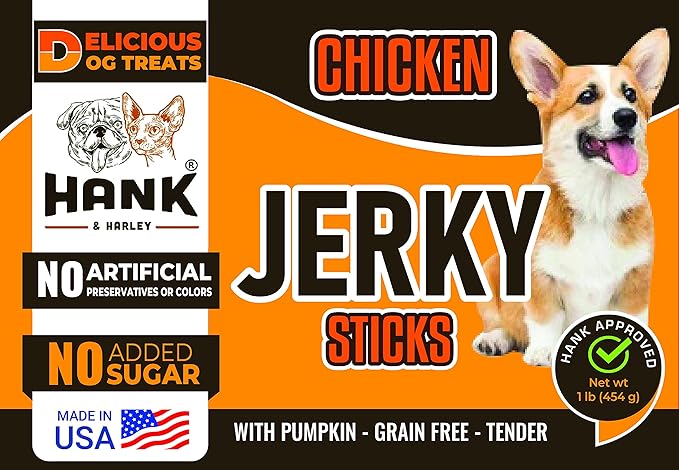 Hank & Harley Chicken Jerky Sticks, 1 lb - USA Lean Protein Soft Dog Treats with Pumpkin. 100% Natural and NO Added Sugar, Flour or fillers. Ideal for finicky Pets