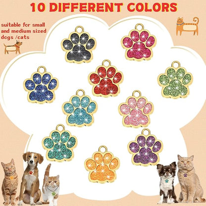 Abbylike 60 Pcs Personalized Dog Tags Blank Pet ID Tags Custom Glitter Paw Pet Tag Cute Metal Cat Name Tag Small DIY Engraved Puppy Name Tag for Dogs Pets(Gold)