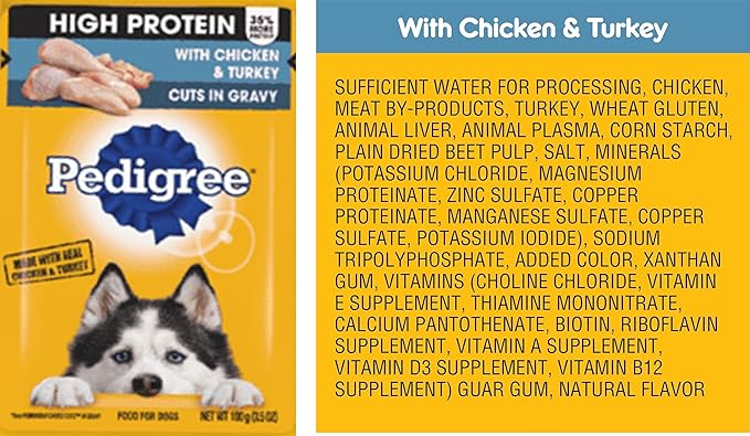 Pedigree high protein dog food bundle, includes 12 pouches, High Protein and cuts in gravy, assorted 06 Flavors(02 each).Plus a Carrot dog toy and a Pet Nutrition Booklet.