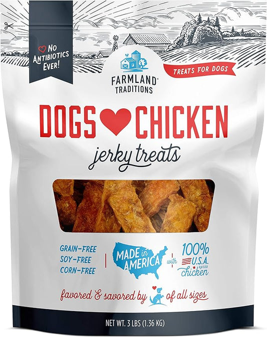 Farmland Traditions Dogs Love Chicken Premium Two Ingredients Jerky Treats for Dogs (3 lbs. No Antibiotics Ever USA Raised Chicken)