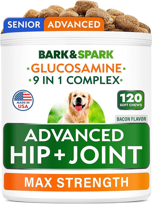 Bark&Spark Senior Advanced Glucosamine Chondroitin for Dogs - Hip Joint Pain Relief Pills - Old Dog Joint Supplement Large & Small Breed - Hip Joint Chews Joint Health Care Vitamin Treats - 120Ct