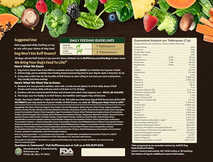 Ruff Greens - Hip & Joint Supplement for Dogs - Probiotics Digestive Enzymes Powder for Mobility Support, Essential Vitamins & Minerals, 13.8 ounce