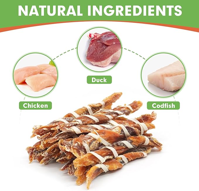 MON2SUN Dog Treats, Triple Flavor Jerky Twist Sticks, 5-7 Inch Chicken Duck and Codfish Sticks Dog Chews for Small Dogs, Healthy Dog Snacks, 10.58 oz (15 Count-Pack of 1)