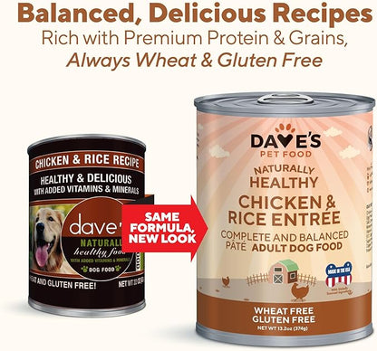 Dave's Pet Food Wet Dog Food (Chicken & Rice), Made in USA Naturally Healthy Canned Dog Food, Added Vitamins & Minerals, Wheat & Gluten-Free, 13.2 oz Cans (Case of 12 pk)