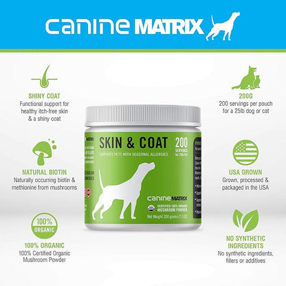 Canine Organic Mushroom Powder Skin and Coat Supplement, 200 Grams (Packaging May Vary)