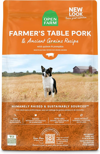 Open Farm Ancient Grains Dry Dog Food, Humanely Raised Meat, Wholesome Grains, No Artificial Flavors or Preservatives (Farmer's Table Pork Ancient Grain, 11 Pound Pack of 1)