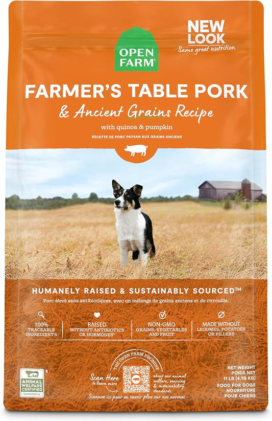 Open Farm Ancient Grains Dry Dog Food, Humanely Raised Meat, Wholesome Grains, No Artificial Flavors or Preservatives (Farmer's Table Pork Ancient Grain, 11 Pound Pack of 1)