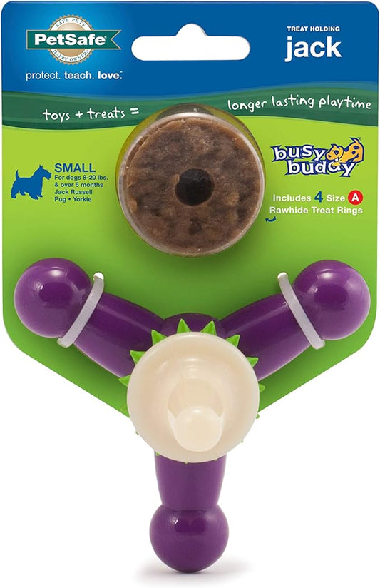 PetSafe Busy Buddy Treat Holding Jack Dog Toy – Strong Chewers - Challenging - Treat Rings Included - Small