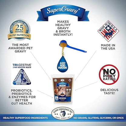 SuperGravy PAW Jus - Natural Dog Food Gravy Topper - Hydration Broth Food Mix - Human Grade – Kibble Seasoning for Picky Eaters – Gluten Free & Grain Free, 01071, 90 Scoop