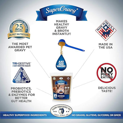 SuperGravy PAW jus - Natural Dog Food Gravy Topper - Hydration Broth Food Mix - Human Grade – Kibble Seasoning for Picky Eaters – Gluten Free & Grain Free, Made in USA 14 Scoops, 01088