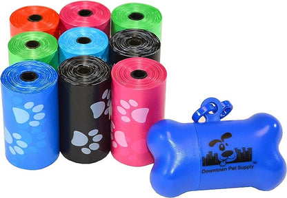 Downtown Pet Supply 180 Count Unscented Dog Waste Bags with Dog Poop Bag Dispenser, Rainbow with Paw Prints - Leak-Proof Dog Poop Bags Refills with Leash Clip and Bone Bag Dispenser - 12.5 x 8.5"