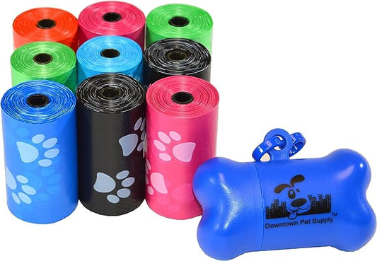 Downtown Pet Supply 180 Count Unscented Dog Waste Bags with Dog Poop Bag Dispenser, Rainbow with Paw Prints - Leak-Proof Dog Poop Bags Refills with Leash Clip and Bone Bag Dispenser - 12.5 x 8.5"