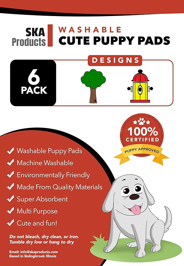 Cute Washable Puppy Pee Pads | 6 Pack Fire Hydrant, Tree Designs | Large Super Absorbent Wee Wee Potty Mats | Dog Housebreaking, Pet Crate Training | Multi-Purpose Reusable Eco-Friendly | Whelping