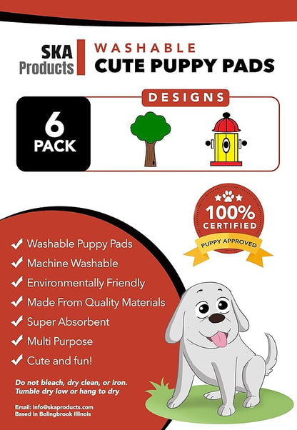 Cute Washable Puppy Pee Pads | 6 Pack Fire Hydrant, Tree Designs | Large Super Absorbent Wee Wee Potty Mats | Dog Housebreaking, Pet Crate Training | Multi-Purpose Reusable Eco-Friendly | Whelping