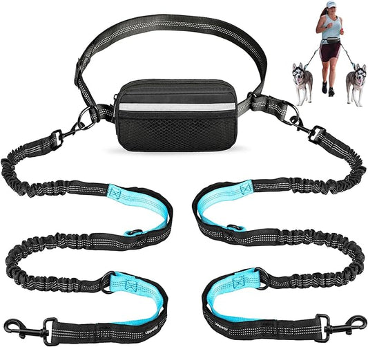 Hands Free Dog Running Leash with Adjustable Waist Belt, Dual Handle Elastic Bungees Retractable Rope for Medium and Large Dogs, Reflective Stitches for Walking Hiking Biking