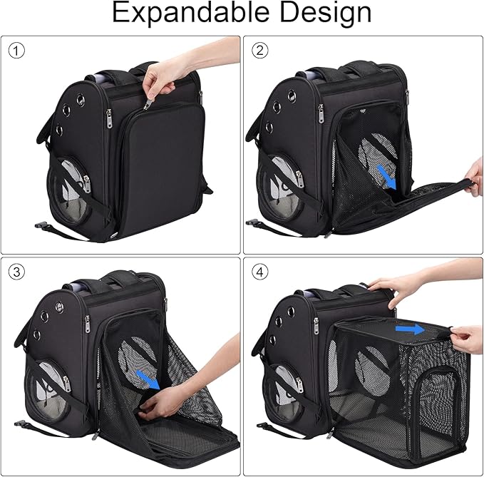 Expandable Pet Carrier Backpack for Cats, Dogs and Small Animals, Portable Pet Travel Carrier, Super Ventilated Design, Airline Approved, Ideal for Traveling/Hiking/Camping, Black